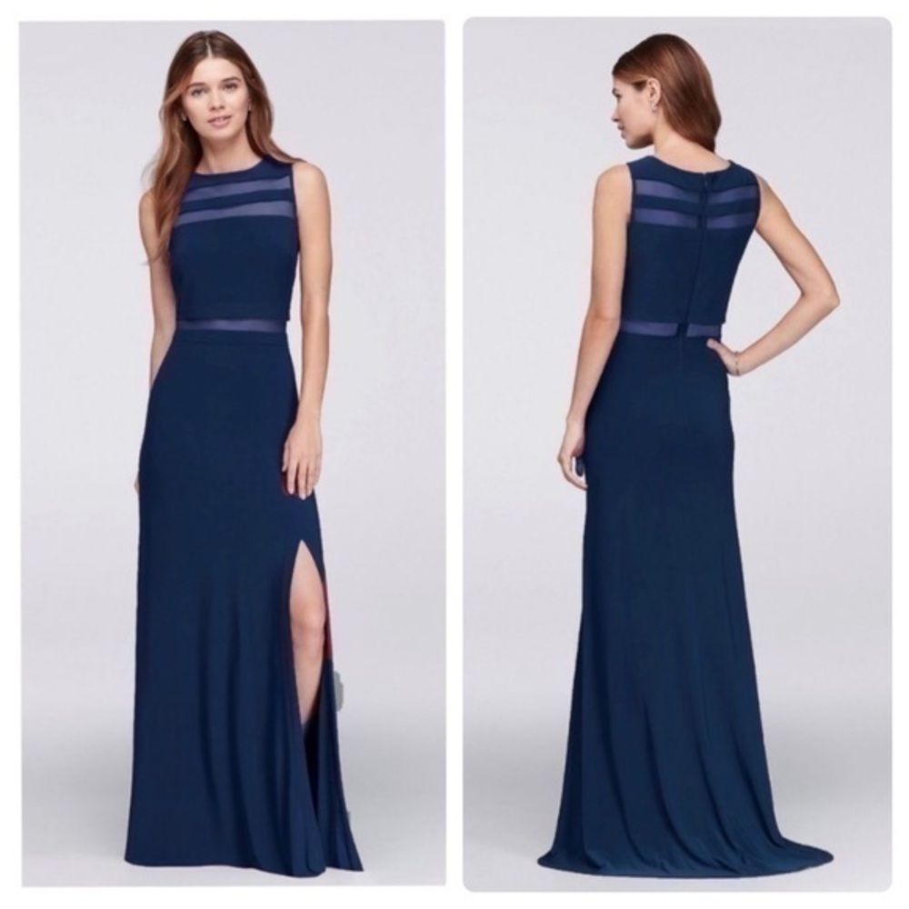 NightWay Collections navy blue illusion mesh striped popover formal gown 10 qq15